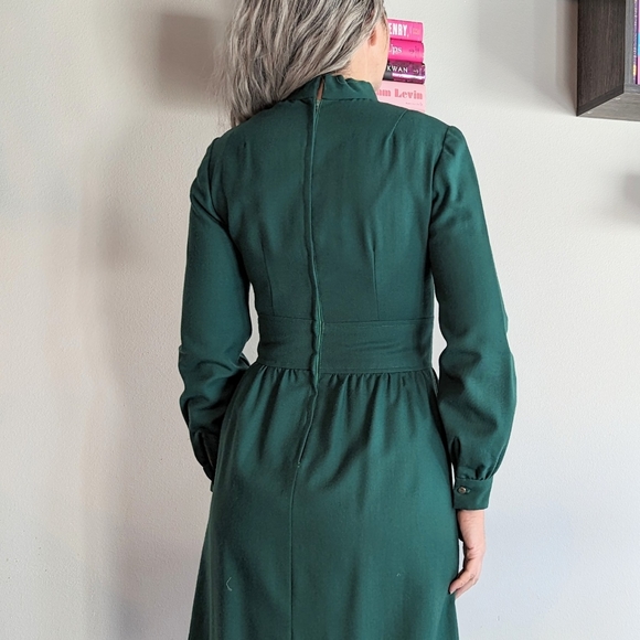 dark green LONG SLEEVE DRESS 1970's vintage S - Picture 11 of 13